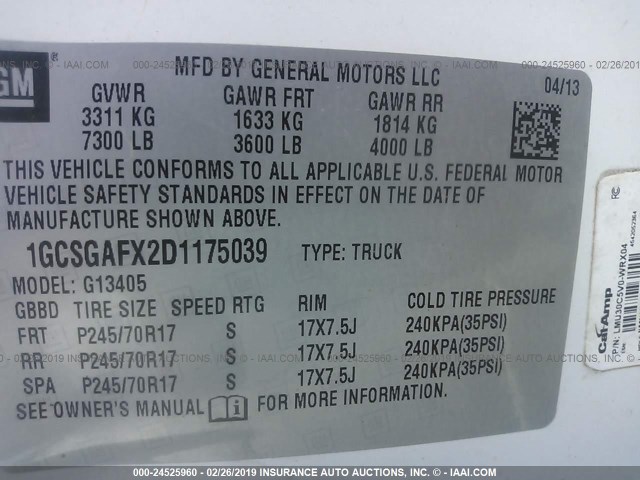 1GCSGAFX2D1175039 - 2013 CHEVROLET EXPRESS G1500  WHITE photo 9