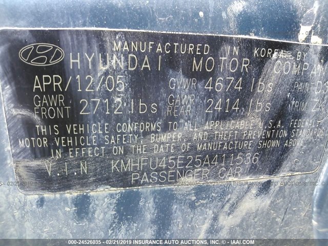 KMHFU45E25A411536 - 2005 HYUNDAI XG 350 BLUE photo 9