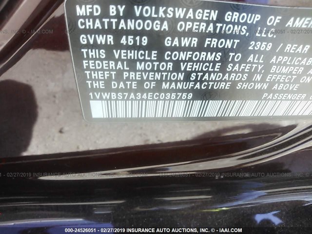 1VWBS7A34EC035759 - 2014 VOLKSWAGEN PASSAT SE MAROON photo 9