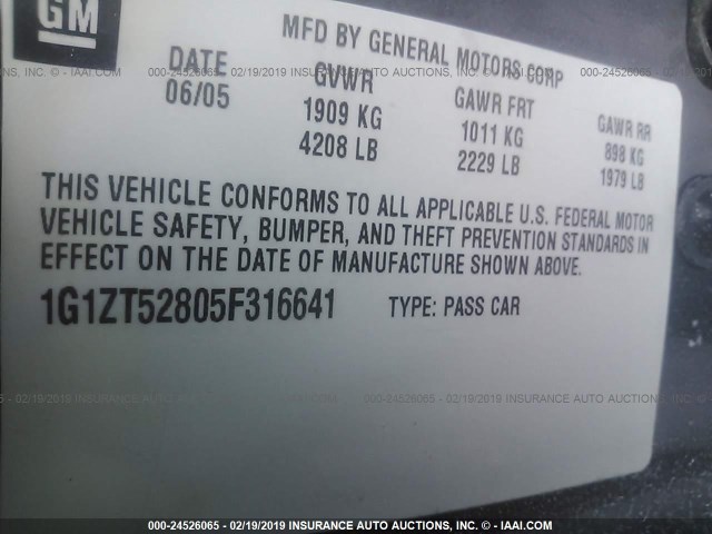 1G1ZT52805F316641 - 2005 CHEVROLET MALIBU LS BLUE photo 9