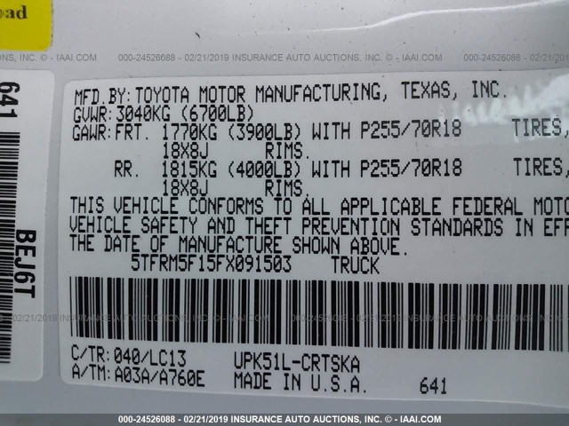 5TFRM5F15FX091503 - 2015 TOYOTA TUNDRA DOUBLE CAB SR/SR5 WHITE photo 9