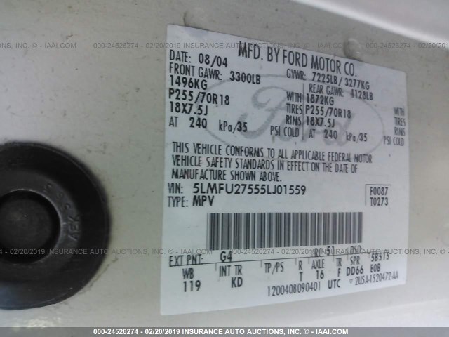 5LMFU27555LJ01559 - 2005 LINCOLN NAVIGATOR WHITE photo 9