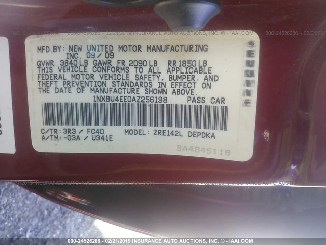 1NXBU4EE0AZ256198 - 2010 TOYOTA COROLLA S/LE/XLE RED photo 9