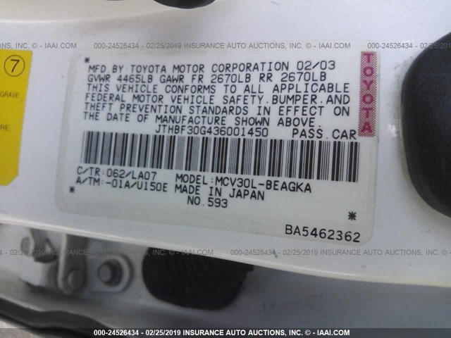 JTHBF30G436001450 - 2003 LEXUS ES 300 WHITE photo 9