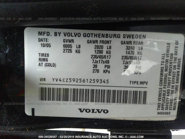 YV4CZ592561259345 - 2006 VOLVO XC90 BLACK photo 9