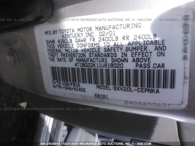 4T1BG22K11U818020 - 2001 TOYOTA CAMRY CE/LE/XLE SILVER photo 9