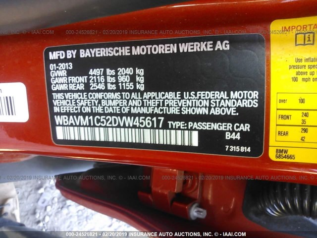 WBAVM1C52DVW45617 - 2013 BMW X1 SDRIVE28I ORANGE photo 9