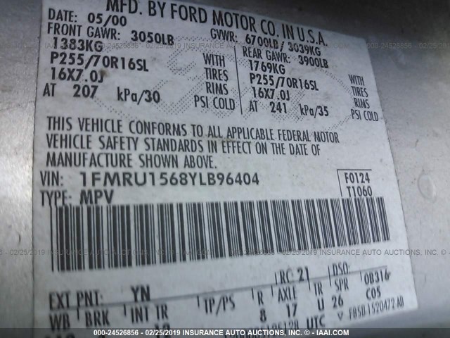 1FMRU1568YLB96404 - 2000 FORD EXPEDITION XLT SILVER photo 9