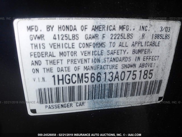 1HGCM56613A075185 - 2003 HONDA ACCORD EX BLUE photo 9