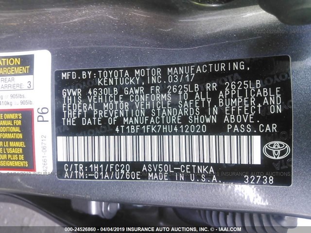 4T1BF1FK7HU412020 - 2017 TOYOTA CAMRY LE/XLE/SE/XSE ნაცრისფერი ფოტო 9