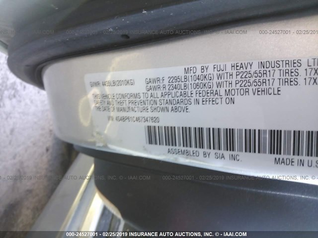 4S4BP61C467347620 - 2006 SUBARU LEGACY OUTBACK 2.5I SILVER photo 9