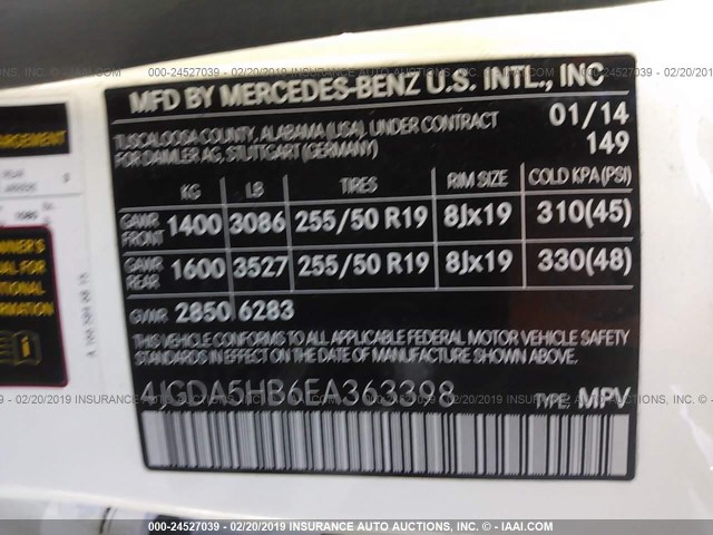 4JGDA5HB6EA363398 - 2014 MERCEDES-BENZ ML 350 4MATIC WHITE photo 9
