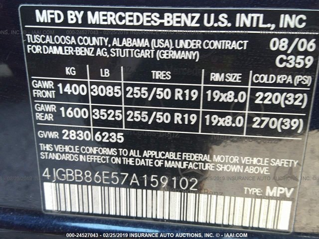 4JGBB86E57A159102 - 2007 MERCEDES-BENZ ML 350 BLUE photo 9