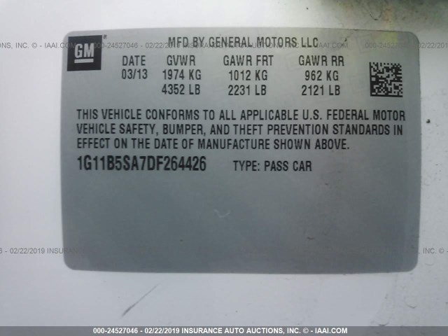 1G11B5SA7DF264426 - 2013 CHEVROLET MALIBU LS WHITE photo 9