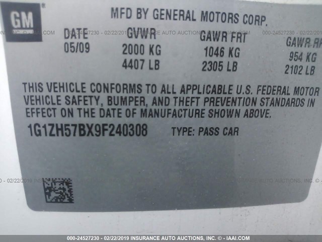 1G1ZH57BX9F240308 - 2009 CHEVROLET MALIBU 1LT WHITE photo 9