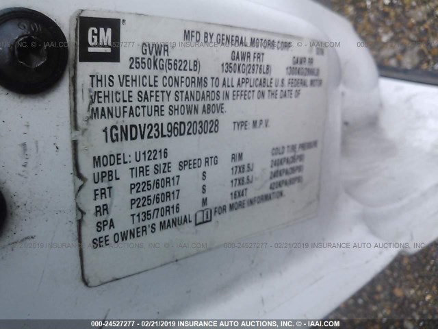 1GNDV23L96D203028 - 2006 CHEVROLET UPLANDER LS WHITE photo 9