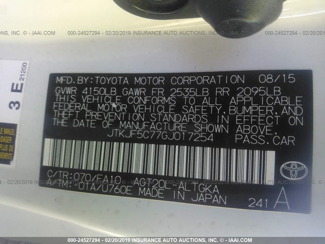 JTKJF5C77GJ017254 - 2016 TOYOTA SCION TC WHITE photo 9