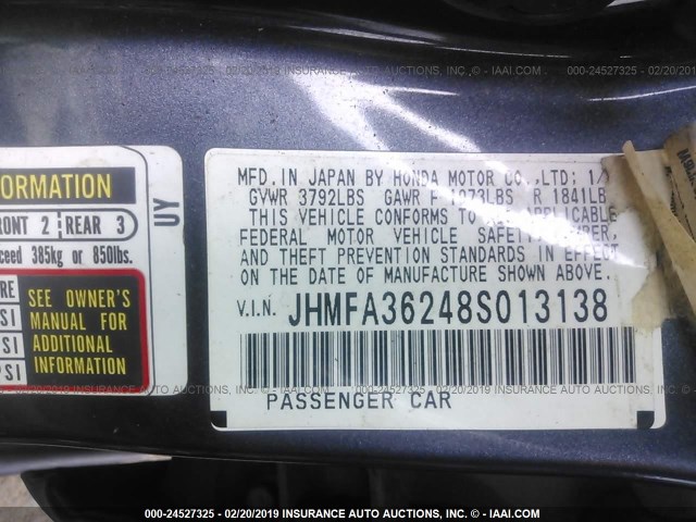 JHMFA36248S013138 - 2008 HONDA CIVIC HYBRID Dark Blue photo 9