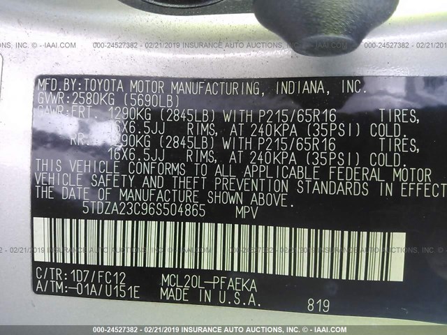 5TDZA23C96S504865 - 2006 TOYOTA SIENNA CE/LE SILVER photo 9