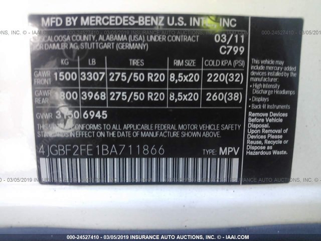 4JGBF2FE1BA711866 - 2011 MERCEDES-BENZ GL 350 BLUETEC WHITE photo 9