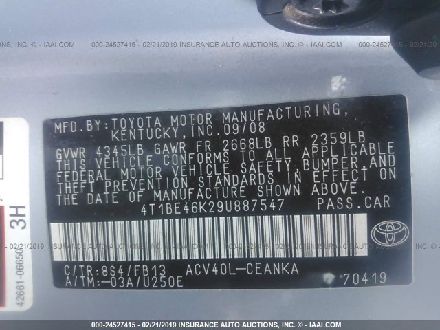 4T1BE46K29U887547 - 2009 TOYOTA CAMRY SE/LE/XLE 蓝色 照片 9