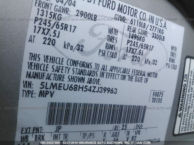 5LMEU68H54ZJ39963 - 2004 LINCOLN AVIATOR 银色 照片 9