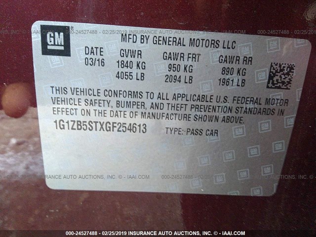 1G1ZB5STXGF254613 - 2016 CHEVROLET MALIBU LS MAROON photo 9