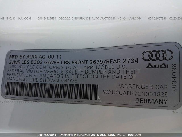 WAUCGAFH7CN001825 - 2012 AUDI S5 PREMIUM PLUS WHITE photo 9