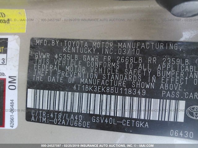 4T1BK3EK8BU118349 - 2011 TOYOTA CAMRY SE/LE/XLE GOLD photo 9