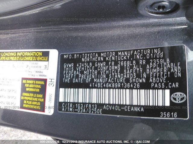 4T4BE46K89R136426 - 2009 TOYOTA CAMRY SE/LE/XLE GRAY photo 9