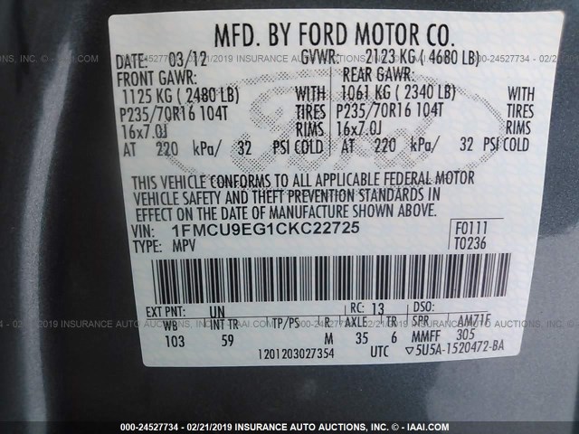 1FMCU9EG1CKC22725 - 2012 FORD ESCAPE LIMITED BLUE photo 9