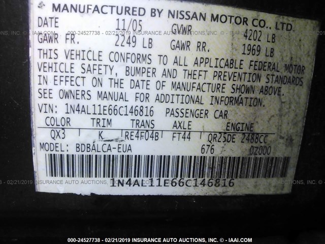 1N4AL11E66C146816 - 2006 NISSAN ALTIMA S/SL GRAY photo 9