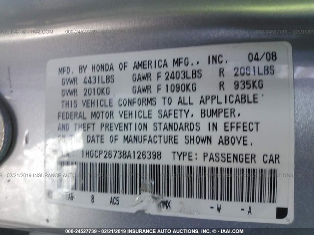 1HGCP26738A126398 - 2008 HONDA ACCORD EX SILVER photo 9