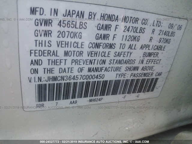 JHMCN36457C000450 - 2007 HONDA ACCORD HYBRID WHITE photo 9