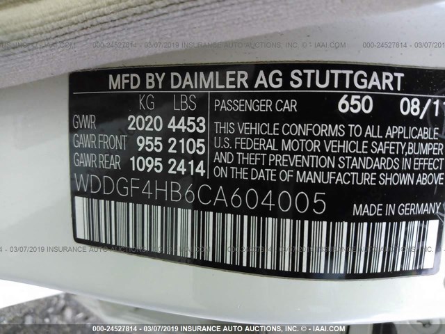 WDDGF4HB6CA604005 - 2012 MERCEDES-BENZ C 250 WHITE photo 9