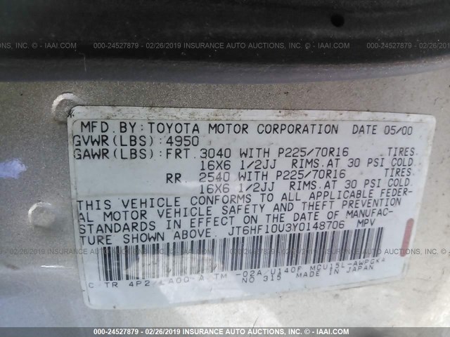 JT6HF10U3Y0148706 - 2000 LEXUS RX 300 GOLD photo 9