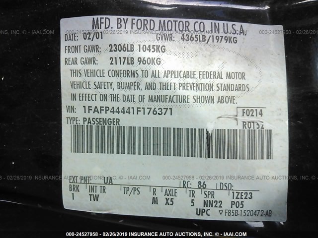 1FAFP44441F176371 - 2001 FORD MUSTANG BLACK photo 9
