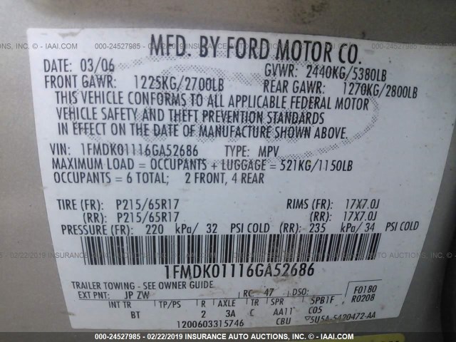 1FMDK01116GA52686 - 2006 FORD FREESTYLE SE GRAY photo 9