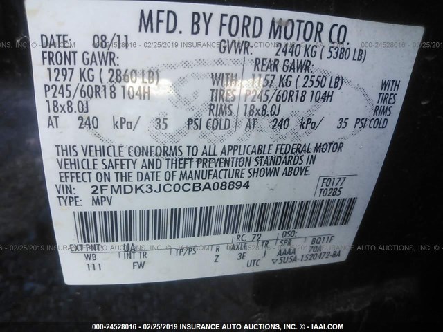 2FMDK3JC0CBA08894 - 2012 FORD EDGE SEL BLACK photo 9