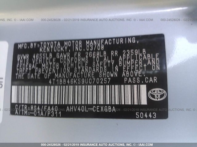 4T1BB46K59U070257 - 2009 TOYOTA CAMRY HYBRID Light Blue photo 9