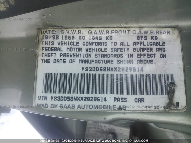 YS3DD58NXX2029614 - 1999 SAAB 9-3 S GREEN photo 9