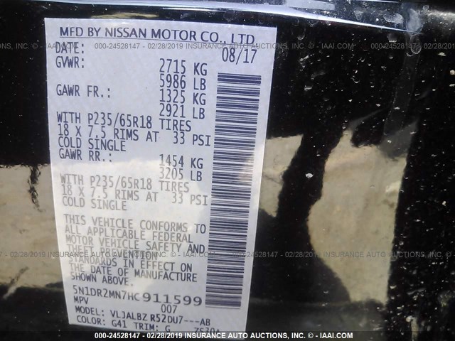 5N1DR2MN7HC911599 - 2017 NISSAN PATHFINDER S/SV/SL/PLATINUM BLACK photo 9