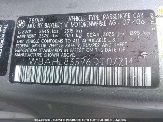 WBAHL83596DT07214 - 2006 BMW 750 I GRAY photo 9