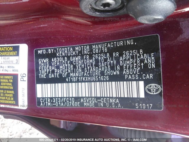 4T1BF1FKXHU651626 - 2017 TOYOTA CAMRY LE/XLE/SE/XSE MAROON photo 9