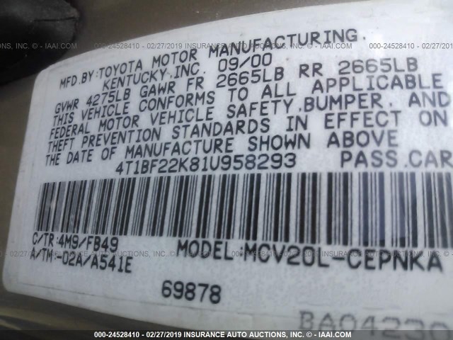 4T1BF22K81U958293 - 2001 TOYOTA CAMRY LE/XLE BROWN photo 9