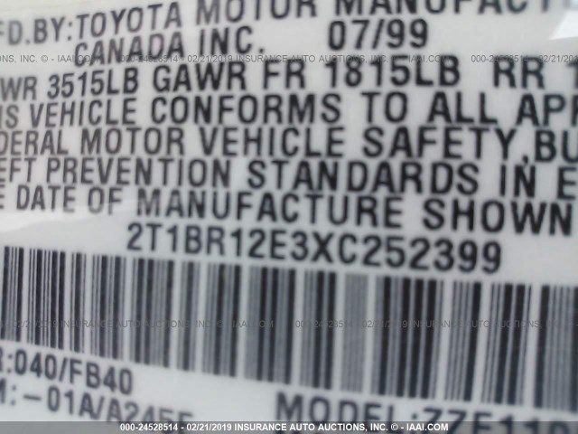 2T1BR12E3XC252399 - 1999 TOYOTA COROLLA VE/CE/LE WHITE photo 9