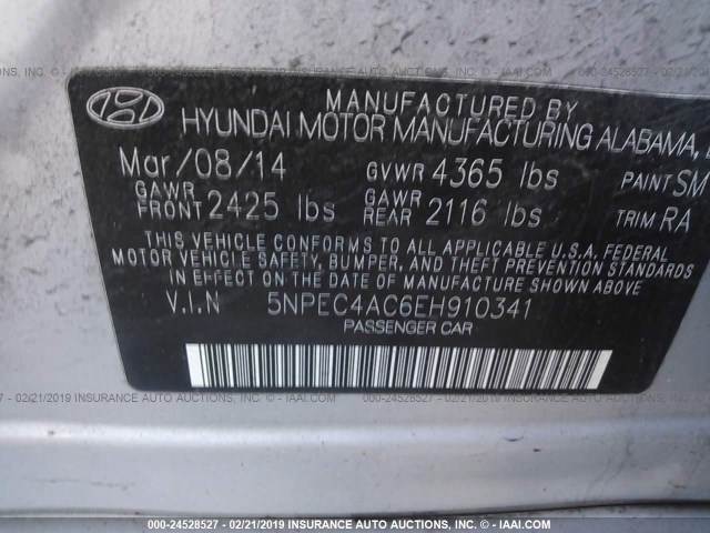 5NPEC4AC6EH910341 - 2014 HYUNDAI SONATA SE/LIMITED GRAY photo 9