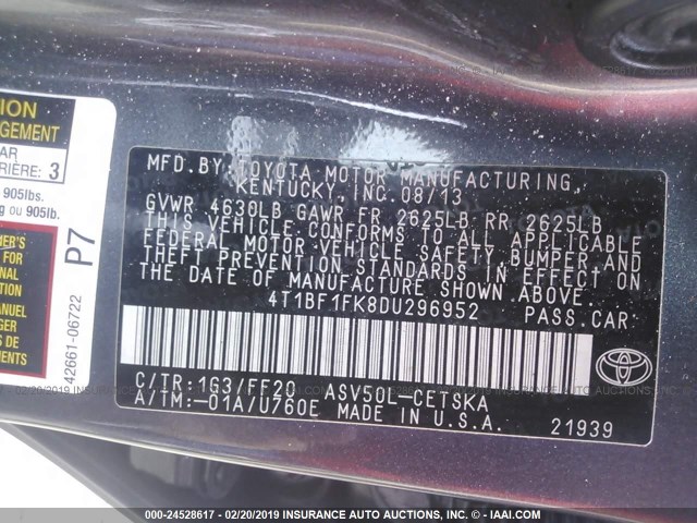 4T1BF1FK8DU296952 - 2013 TOYOTA CAMRY L/SE/LE/XLE 灰色 照片 9