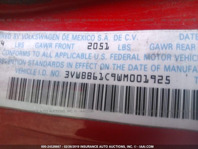 3VWBB61C9WM001925 - 1998 VOLKSWAGEN NEW BEETLE წითელი ფოტო 9