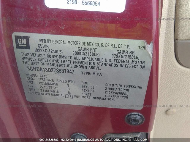 3GNDA13D27S587847 - 2007 CHEVROLET HHR LS Қызыл фото 9